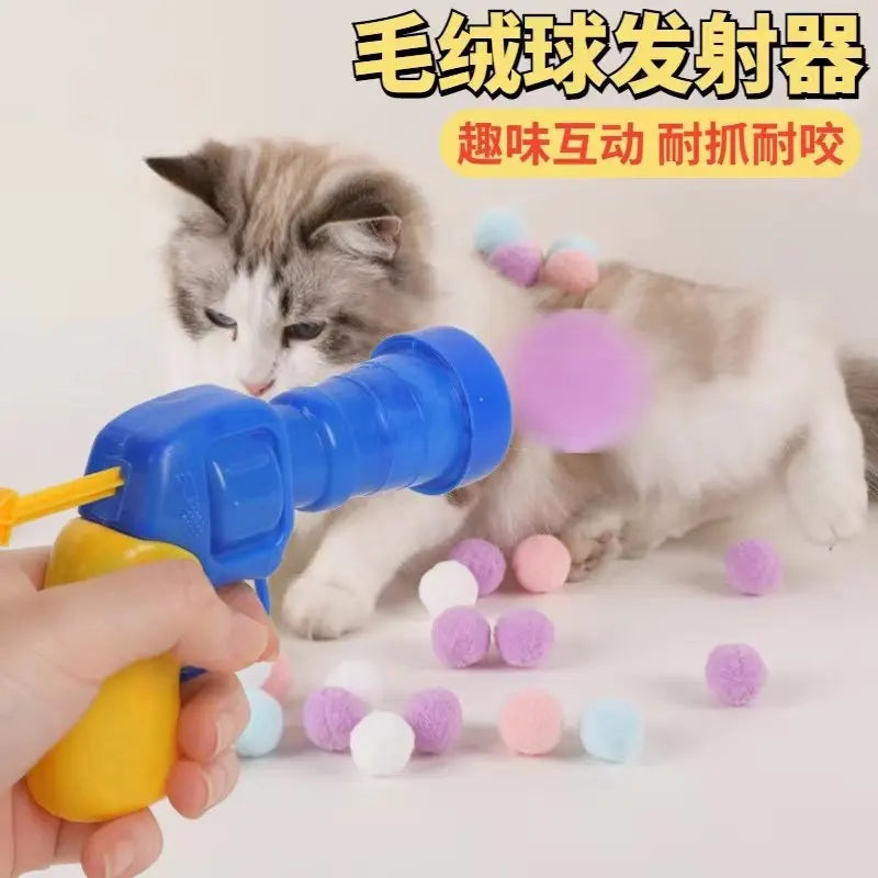 OUWO Pet Toy Gun 100PCS Bola de Pelúcia com 1PCS Pistola de Tiro Brinquedos para Gatos Suprimentos Interativos para Gatinhos Gatos de Interior Brincadeira Automática