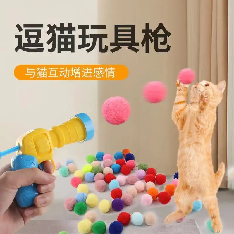OUWO Pet Toy Gun 100PCS Bola de Pelúcia com 1PCS Pistola de Tiro Brinquedos para Gatos Suprimentos Interativos para Gatinhos Gatos de Interior Brincadeira Automática