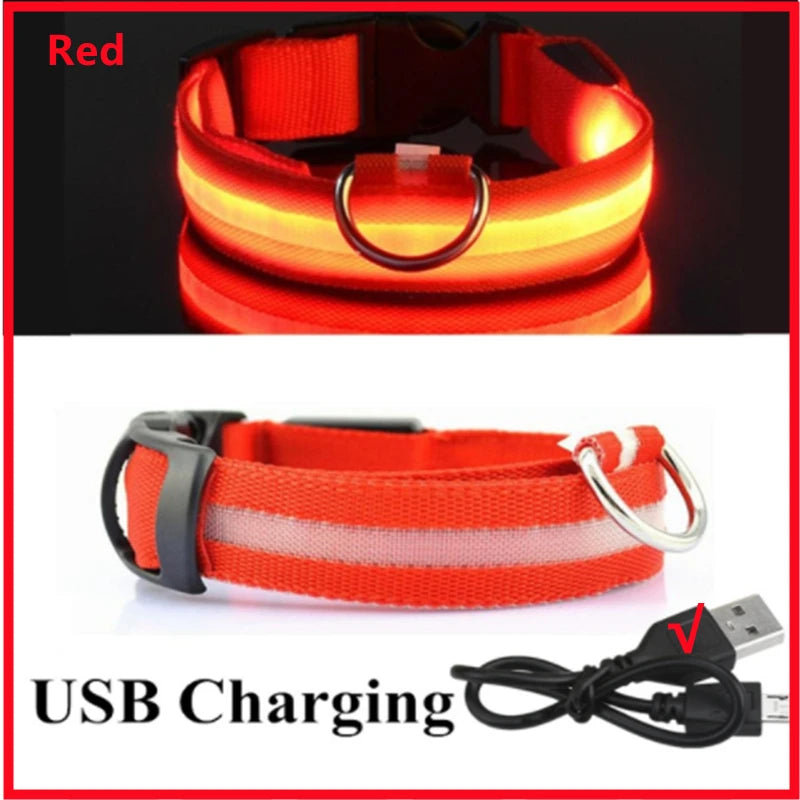 Coleira luminosa recarregável USB ajustável com LED brilhante para cães grandes e pequenos, coleira com luz noturna para gatos, arnês de segurança para animais de estimação