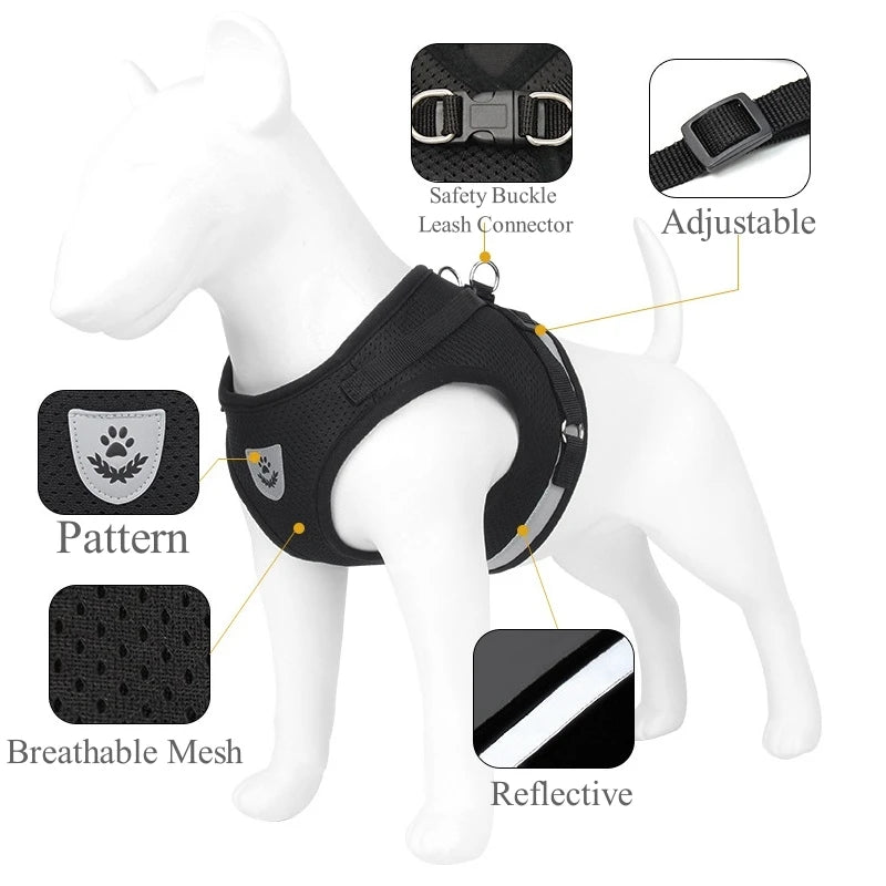 Conjunto de arnês e guia ajustável para cães e gatos, colete, coleira, filhotes, gatinhos, coleira e acessórios para animais de estimação