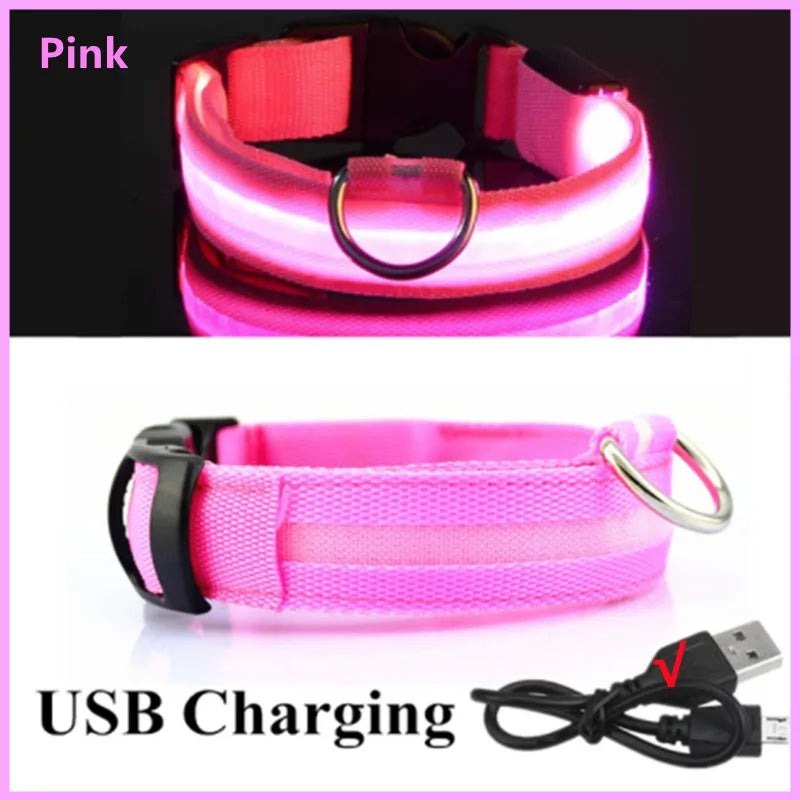 Coleira luminosa recarregável USB ajustável com LED brilhante para cães grandes e pequenos, coleira com luz noturna para gatos, arnês de segurança para animais de estimação