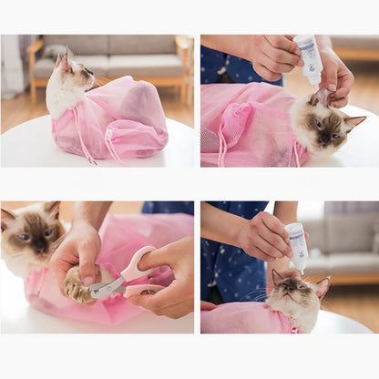 Bolsa de banho de malha para gatos, ajustável, anti-arranhões, mordidas, aparar unhas, injetar, examinar, lavar, limpar, contenção, bolsas de massagem